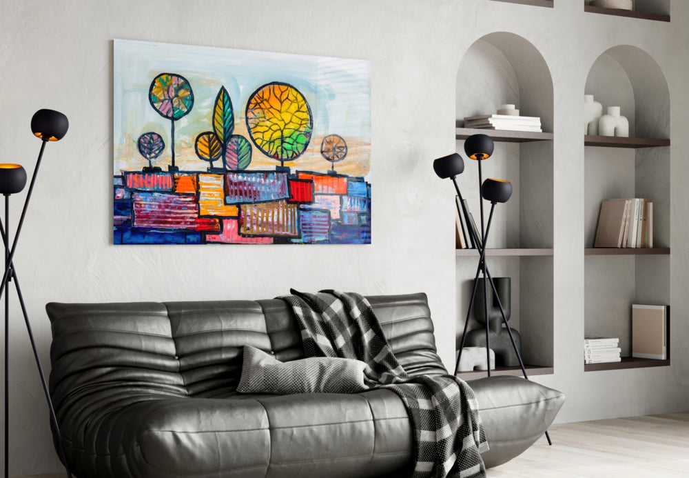 Abstract City glass wall art styled above a desk in a child's room