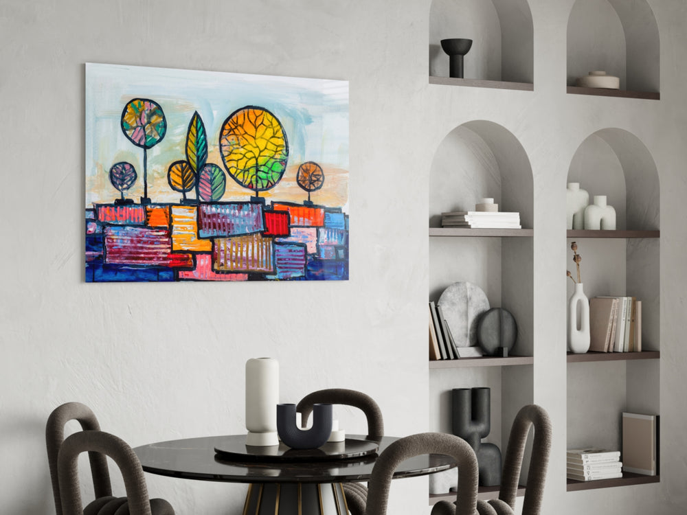 Abstract City panel adding cottage mood to a kitchen