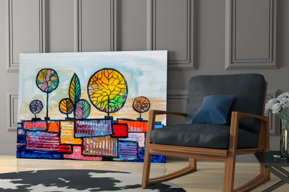 Abstract City glass print enhancing a foyer with editorial spirit