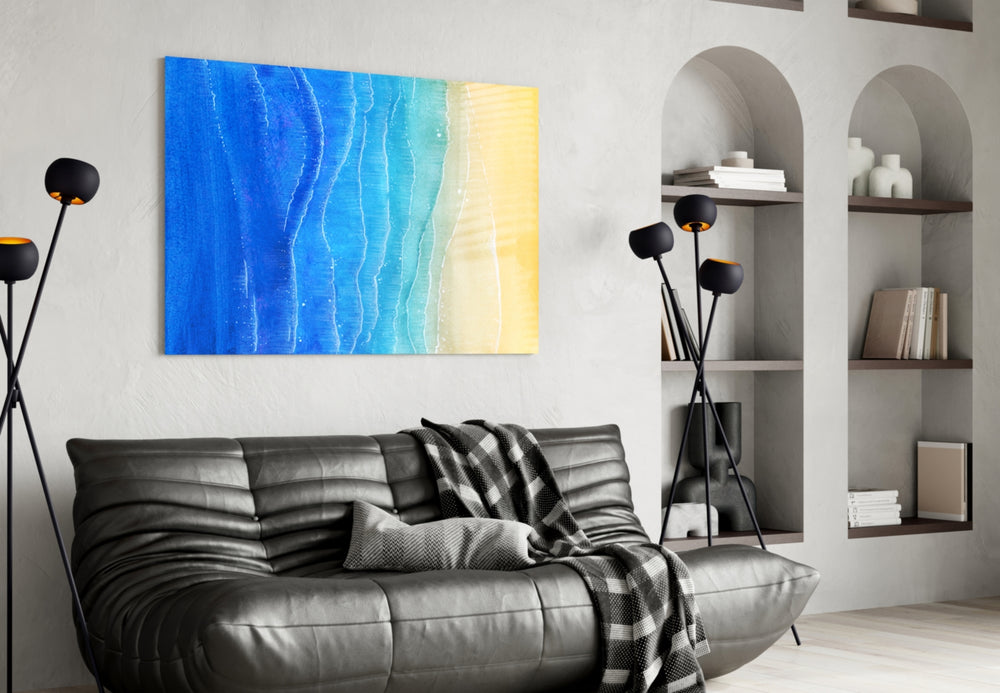 Sea Sand glass wall art styled above a bed in a serene bedroom