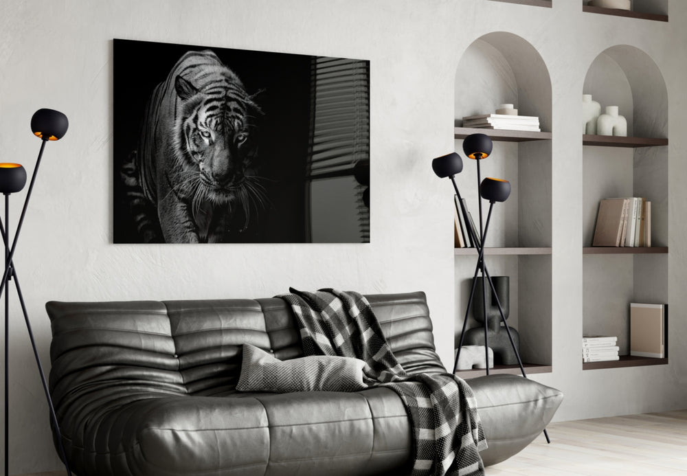 Tiger glass wall art styled above a desk in an introspective study