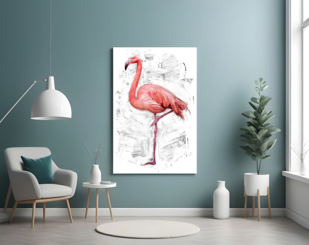 Flamingo glass wall art styled above a vanity in a powder room