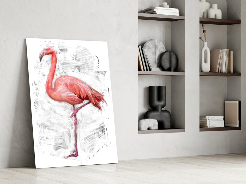Flamingo glass print enhancing a dressing area with editorial spirit
