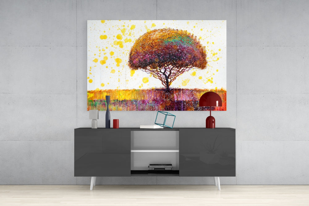 Colorful Tree panel catching gallery light to reveal its tactile sparkle