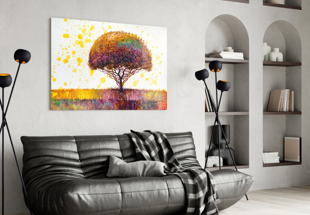 Colorful Tree glass wall art styled above a desk in a child's room