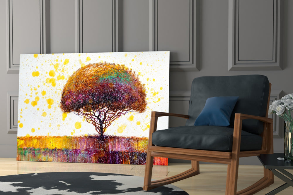 Colorful Tree glass print enhancing a foyer with editorial spirit