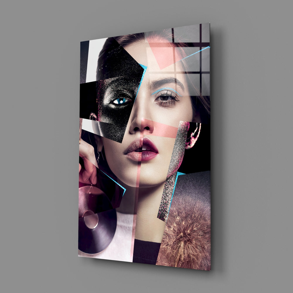 Fragmented-portrait panel bringing editorial drama to a contemporary living space