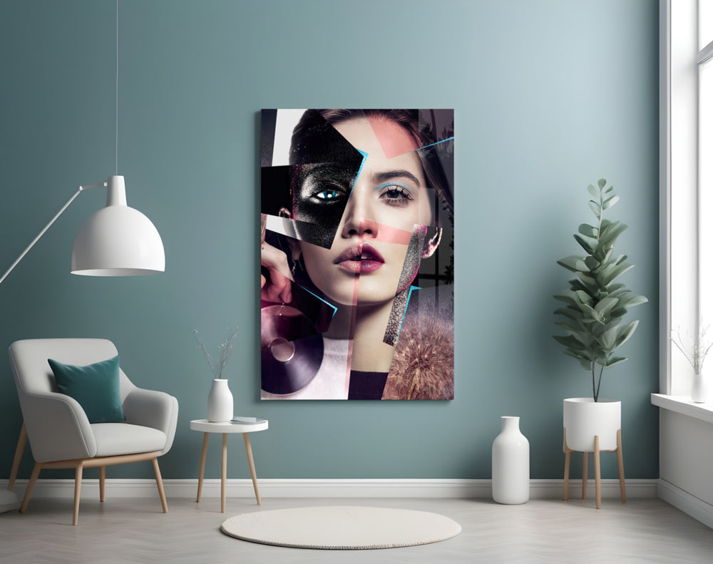 Abstract Woman Portrait glass wall art styled above a desk in a creative office