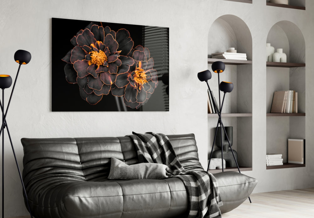 Brown Flower glass wall art styled above a vanity in a powder room