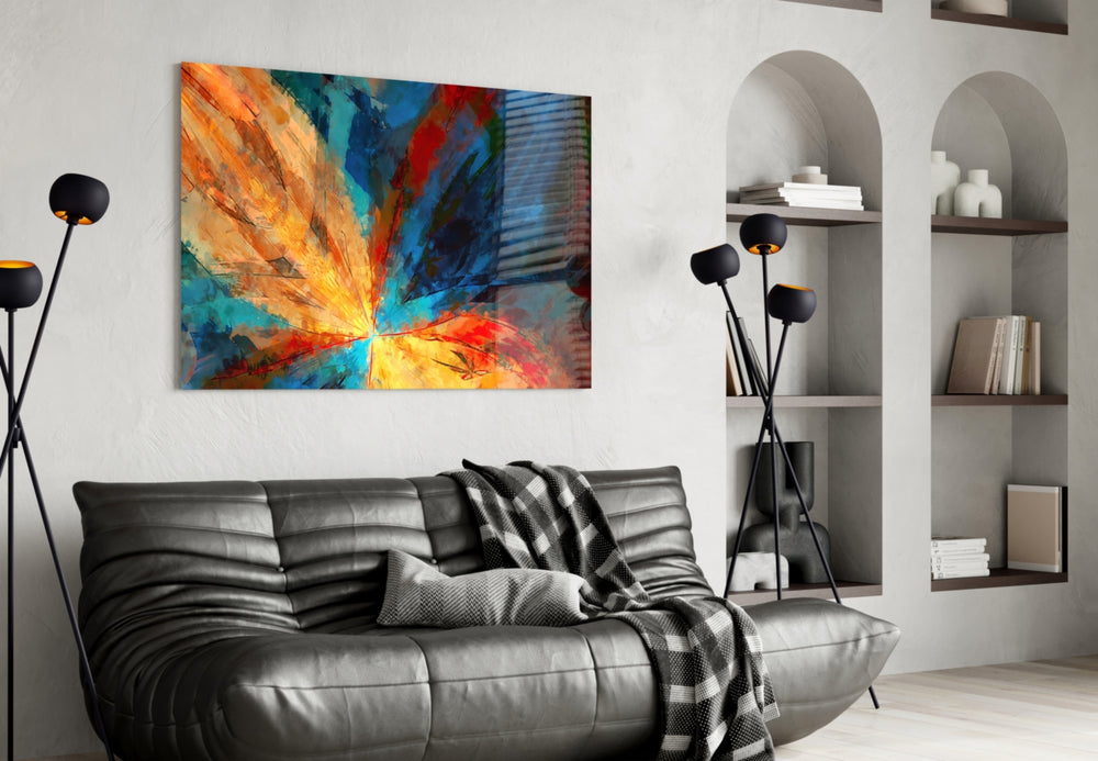Fractal Flower glass wall art styled above a desk in a creative office