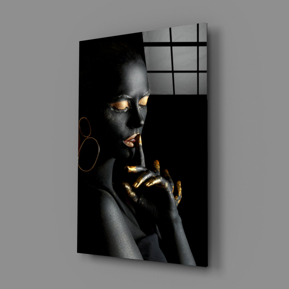 Gilded-portrait panel bringing luxe drama to a contemporary living space