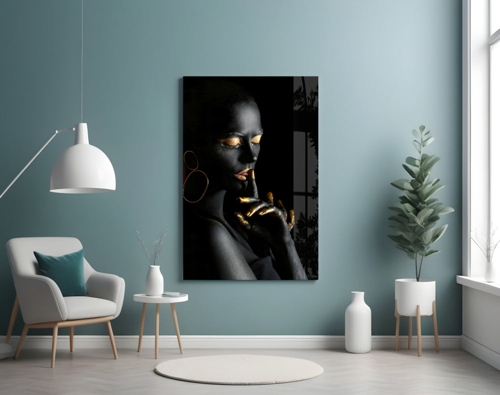 Silent Woman glass wall art styled above a vanity in a powder room