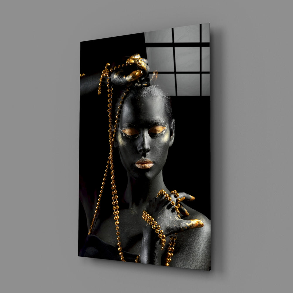 Gilded-portrait panel bringing luxe drama to a contemporary living space