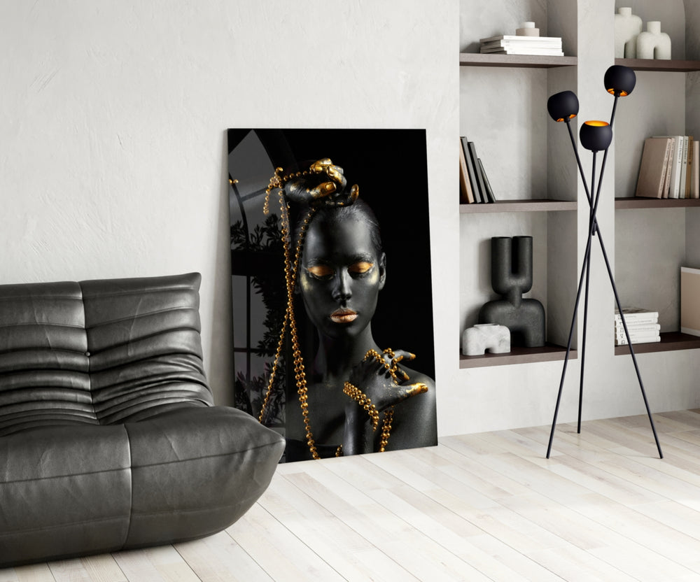 Gold Woman panel adding editorial mood to a dressing area