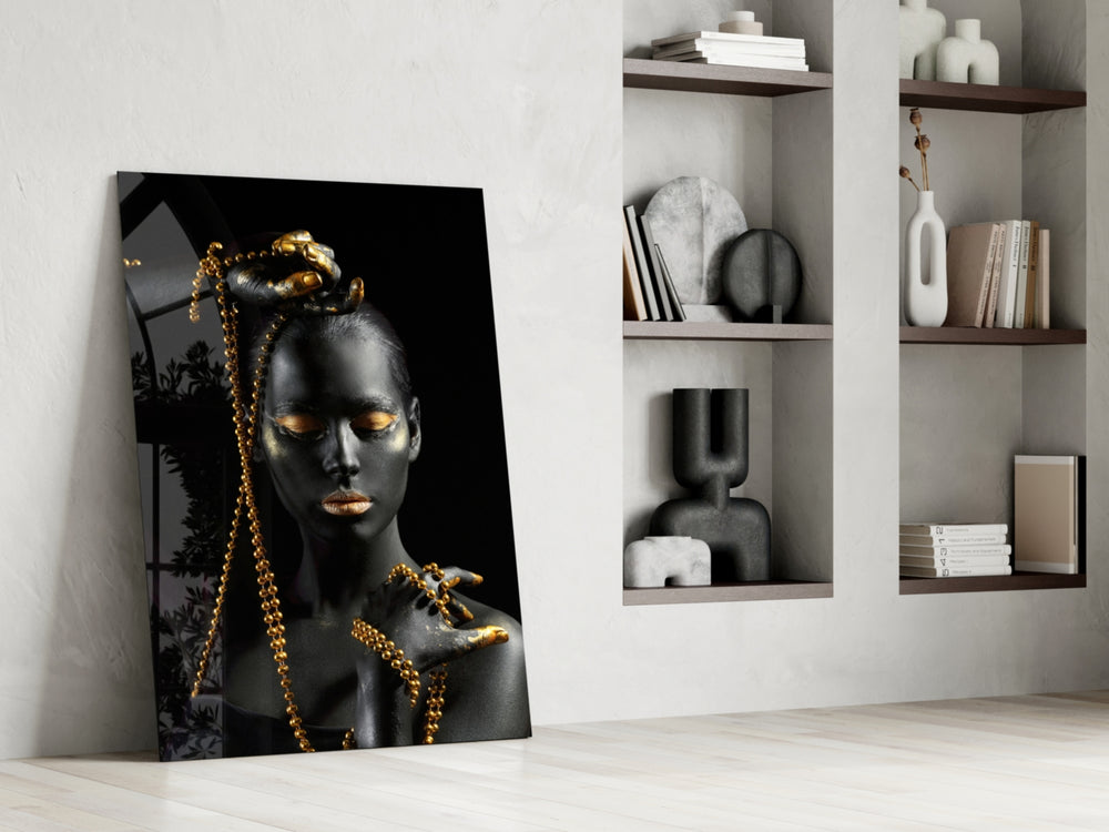 Gold Woman glass print enhancing a foyer with statement focal point