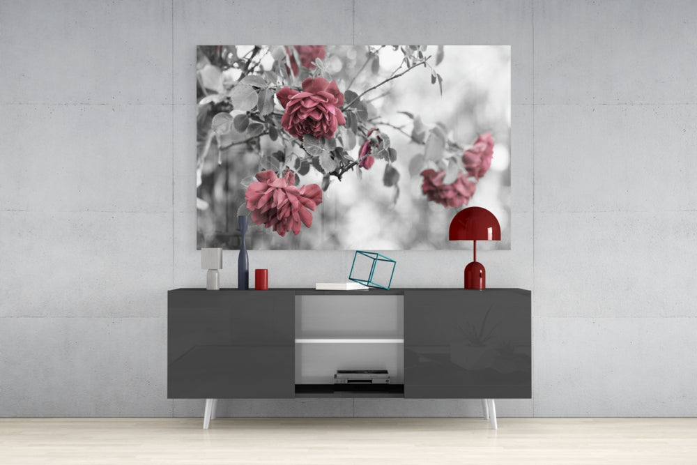 Pink Roses panel catching gallery light to reveal its tactile fold