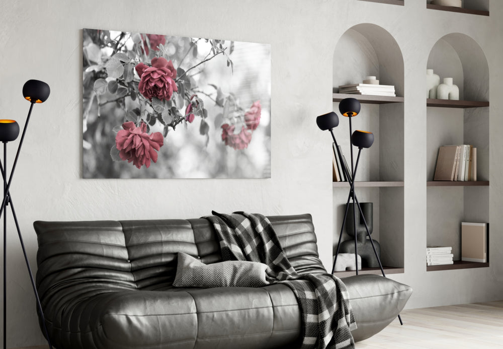 Pink Roses glass wall art styled above a vanity in a powder room
