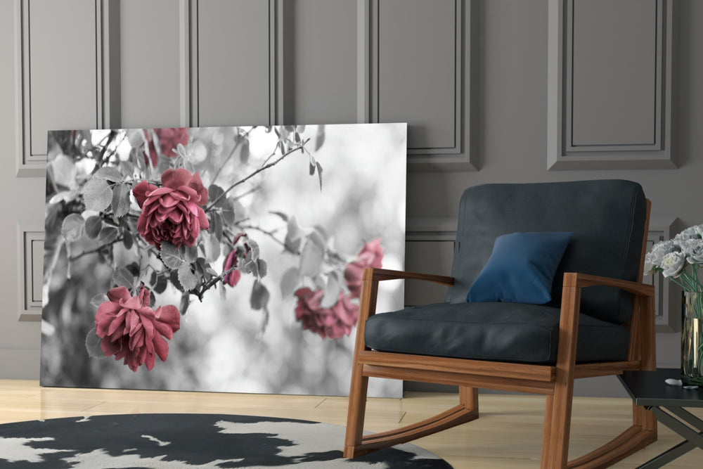 Pink Roses glass print enhancing a bedroom with cottage spirit