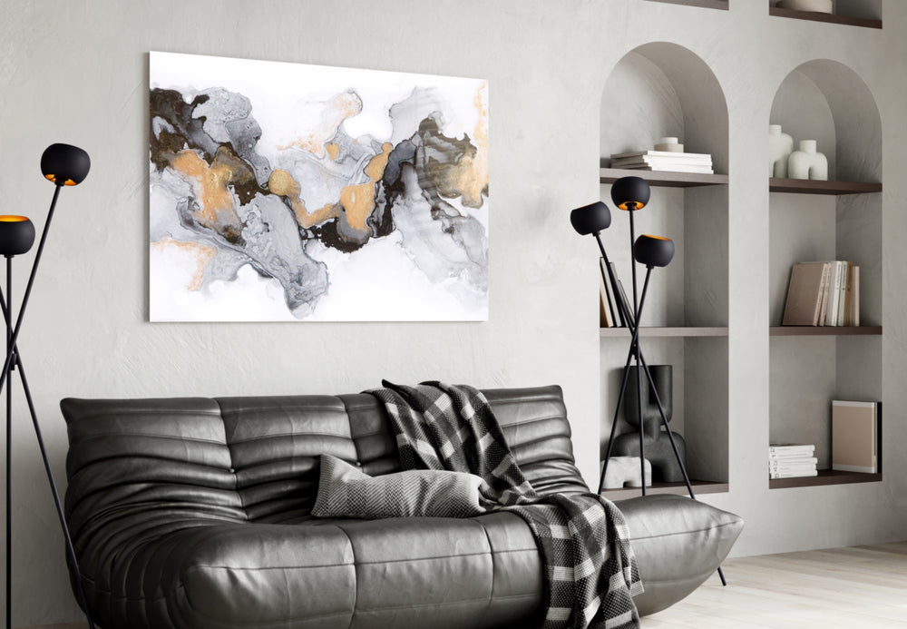 Colored Smoke glass wall art styled above a vanity in a powder room
