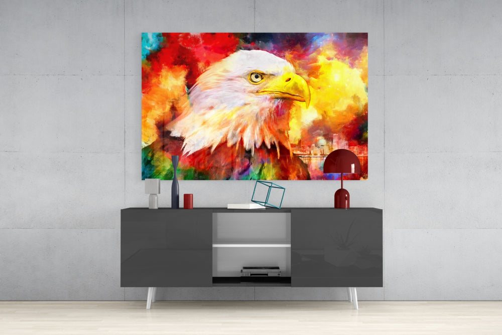 Colorful Eagle panel catching gallery light to reveal its tactile stroke