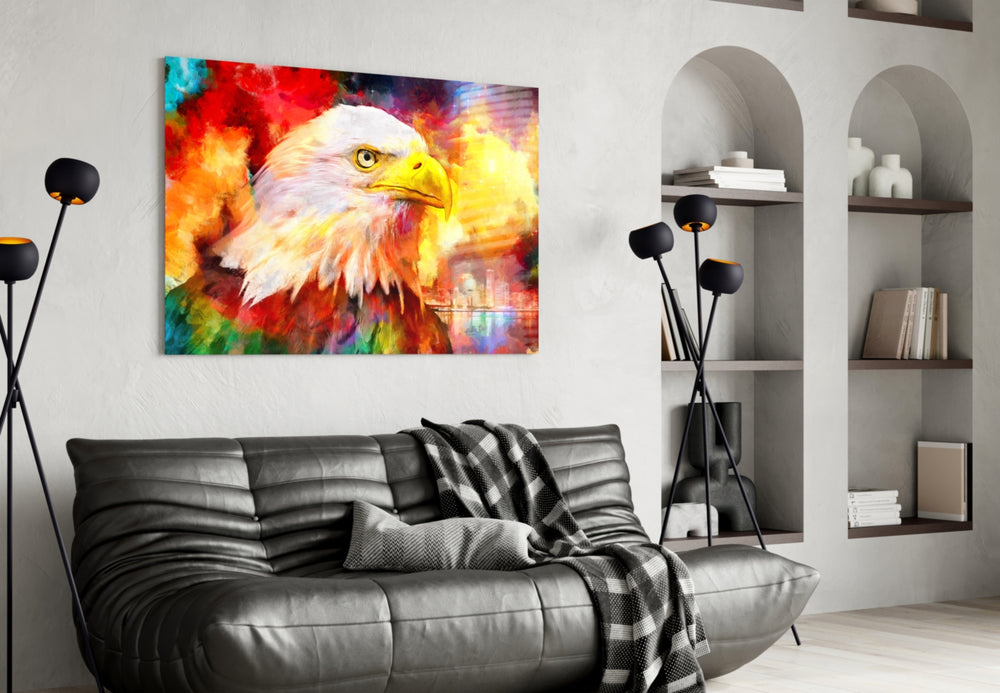 Colorful Eagle glass wall art styled above a desk in a leadership study
