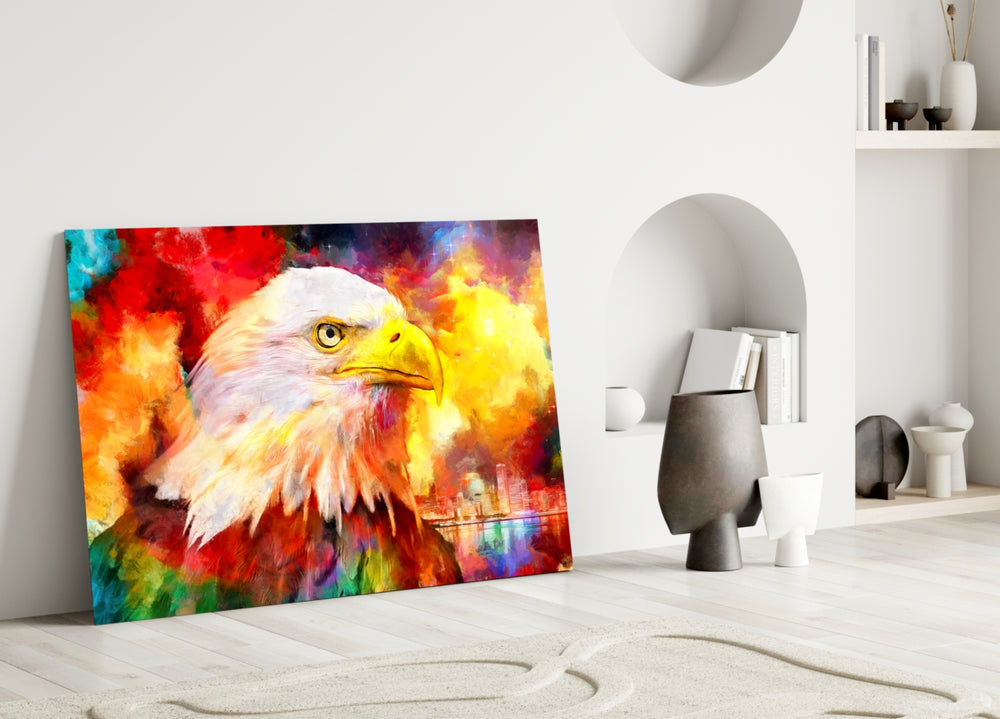 Close-up detail of multicolor splatter sky behind bald eagle