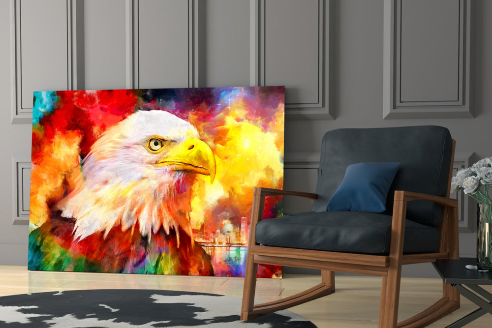 Colorful Eagle glass print enhancing a foyer with editorial drama