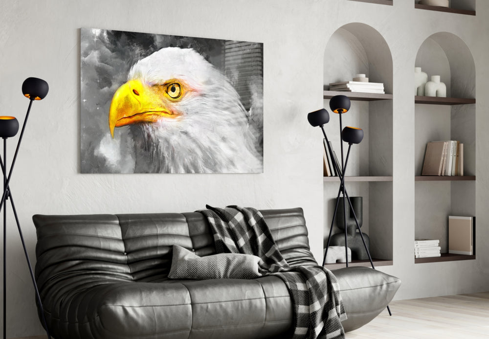 Eagle glass wall art styled above a desk in an executive study