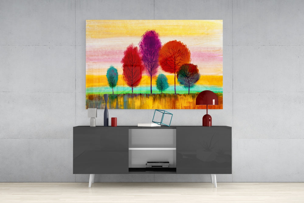 Colorful Trees panel catching gallery light to reveal its tactile pencil-line