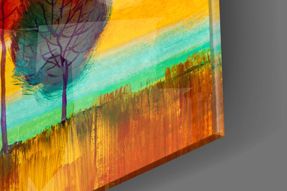 Colorful Trees artwork anchoring a wall with bright joyful palette