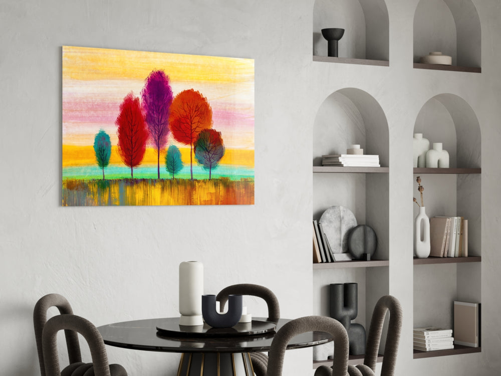 Colorful Trees panel adding whimsy mood to a creative office
