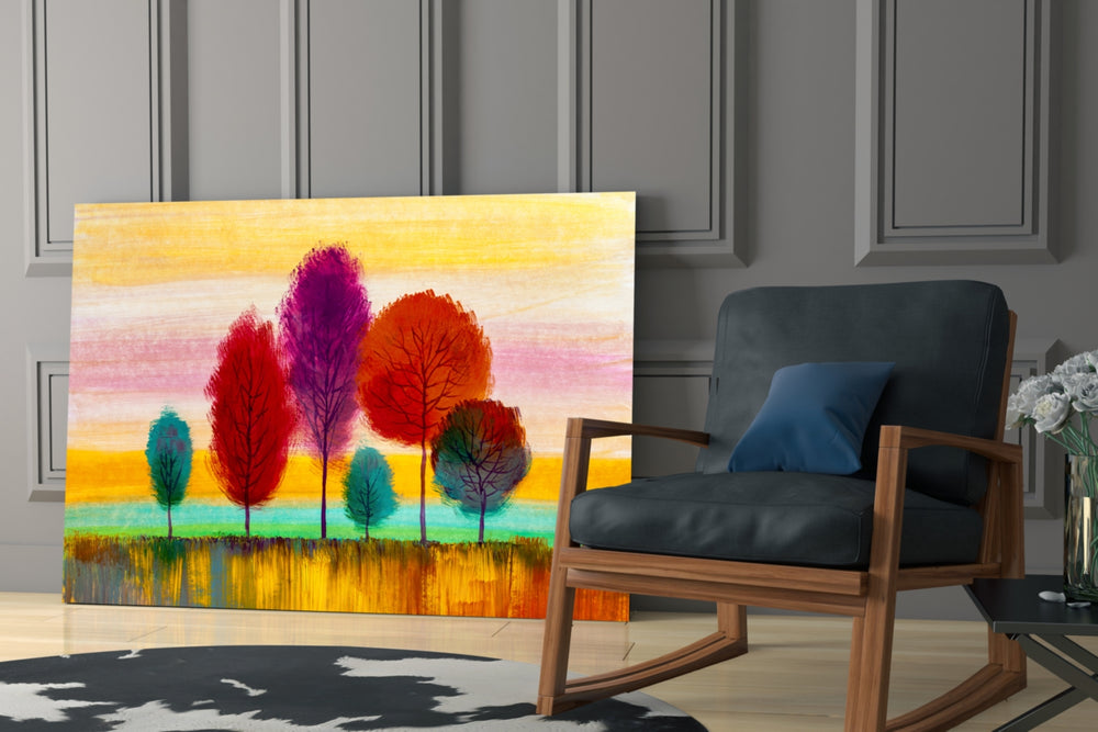 Colorful Trees glass print enhancing a foyer with editorial spirit