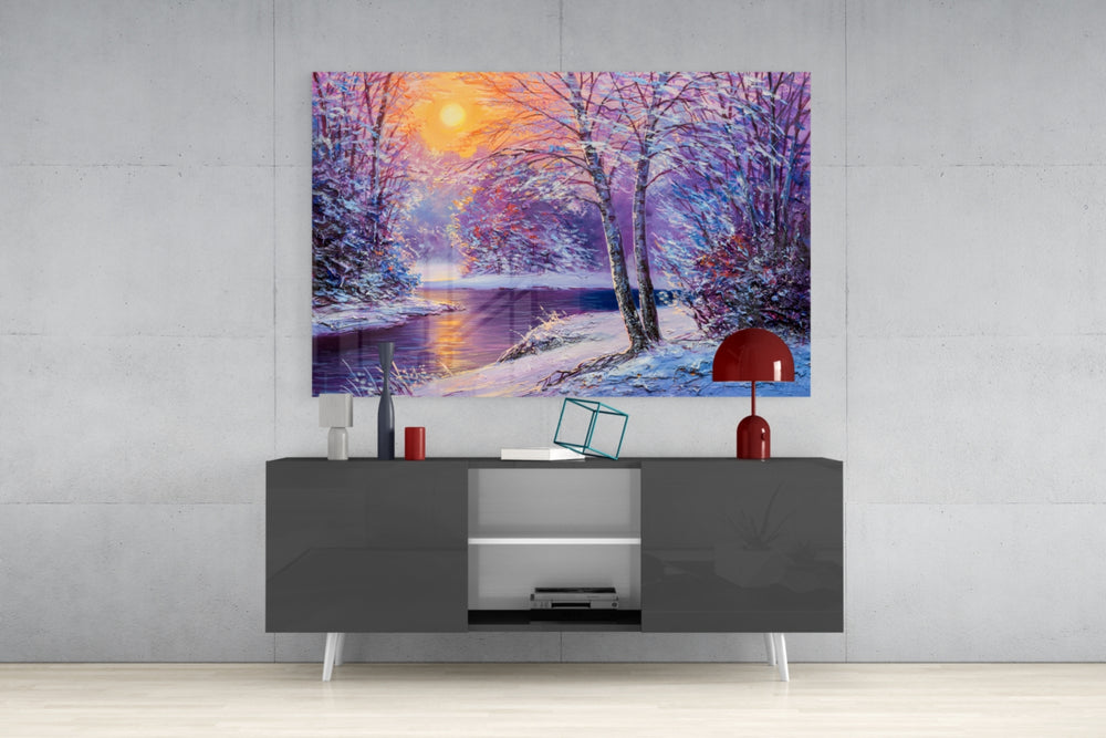 Winter's Day panel catching gallery light to reveal its tactile snow