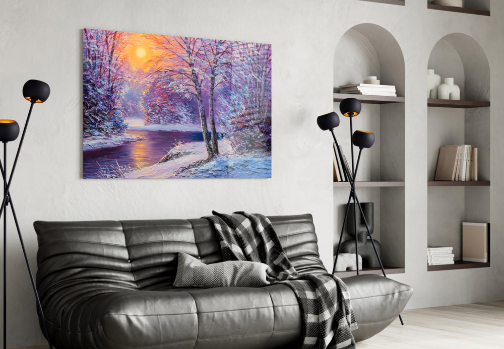 Winter's Day glass wall art styled above a desk in a country study