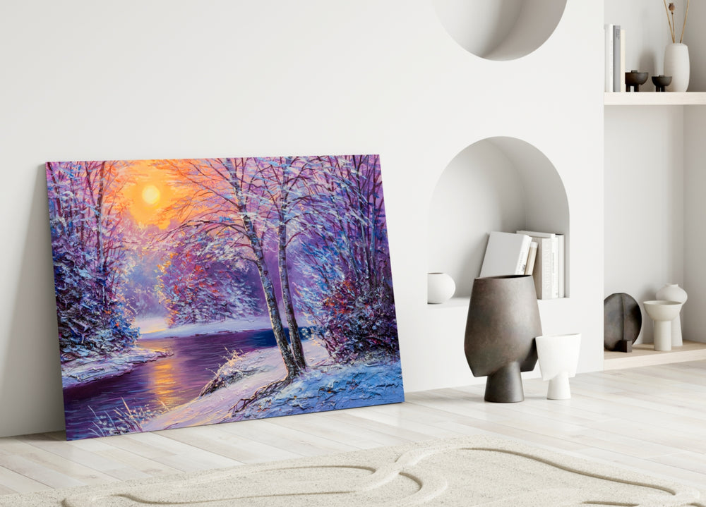 Close-up detail of snow-frosted birches against rose sunrise