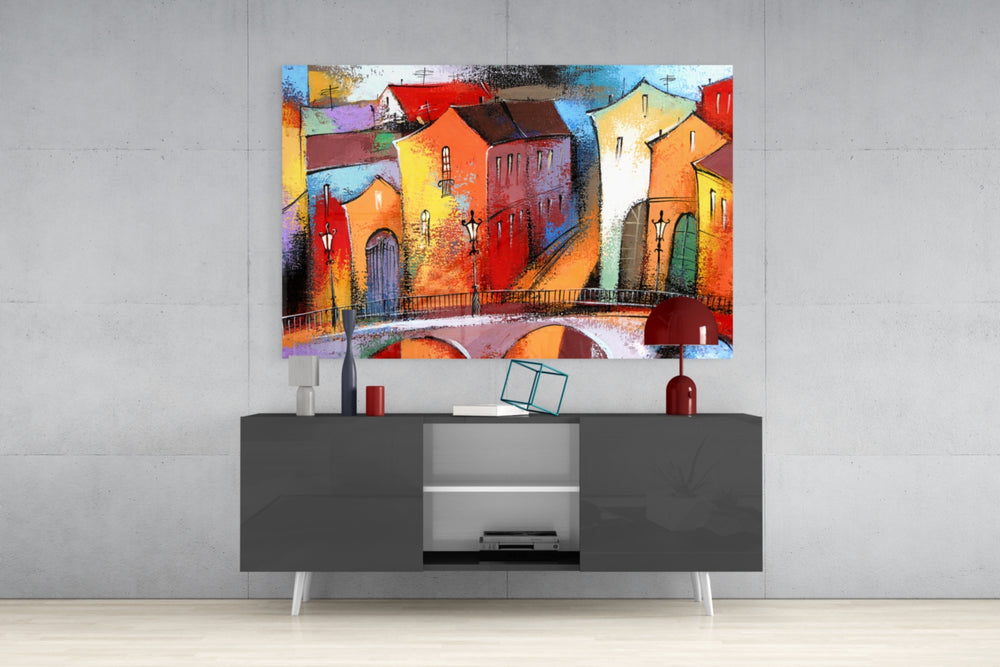 Colorful Houses panel catching gallery light to reveal its tactile stroke