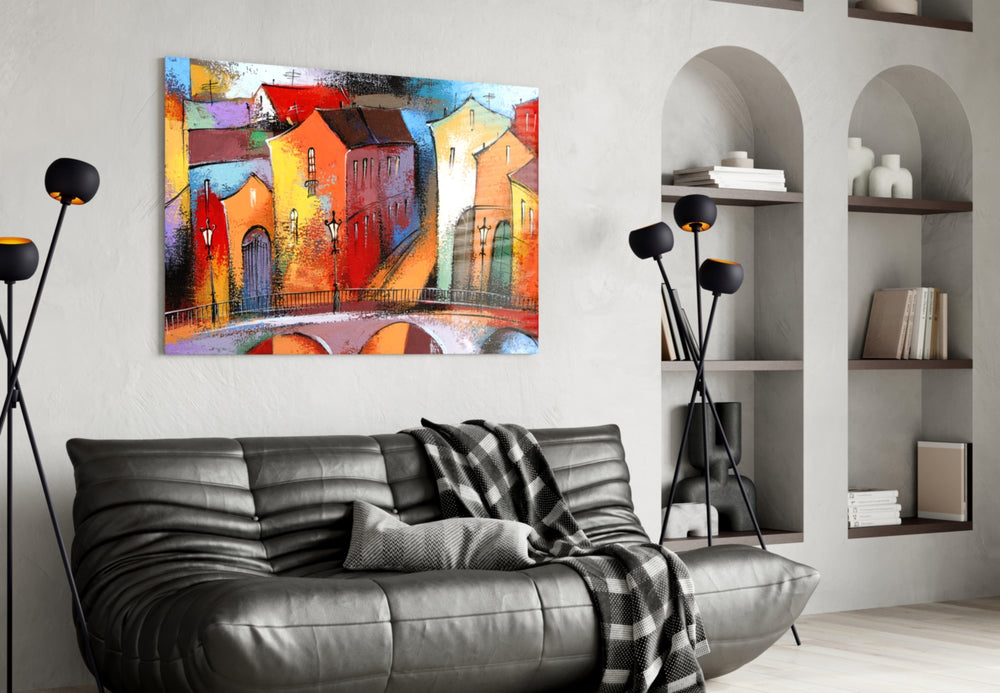 Colorful Houses glass wall art styled above a desk in a child's room