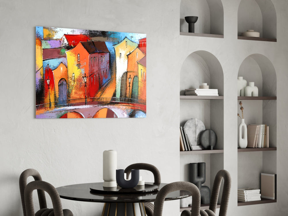 Colorful Houses panel adding cottage mood to a kitchen
