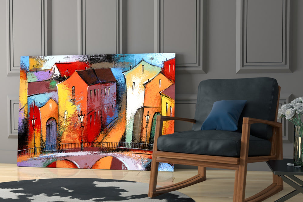 Colorful Houses glass print enhancing a foyer with editorial spirit