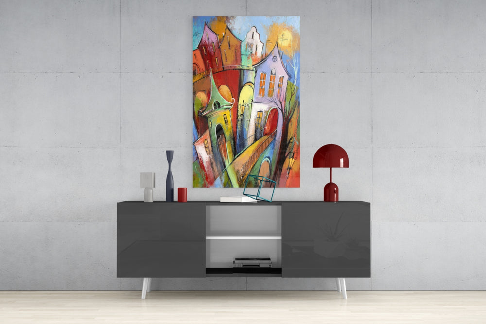 Colorful Houses panel catching gallery light to reveal its tactile stroke