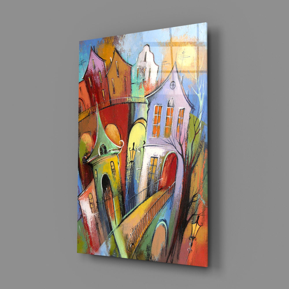 Fairy-tale-village panel bringing whimsical softness to a contemporary living space