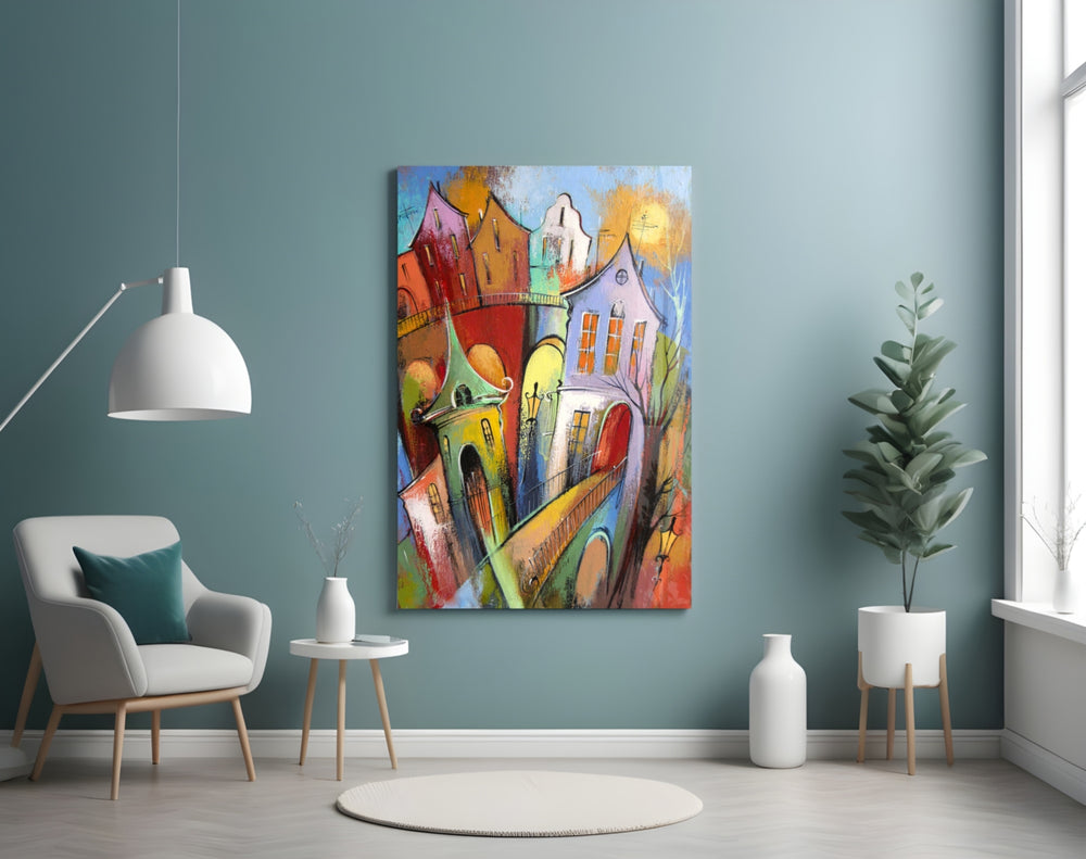 Colorful Houses glass wall art styled above a desk in a child's room