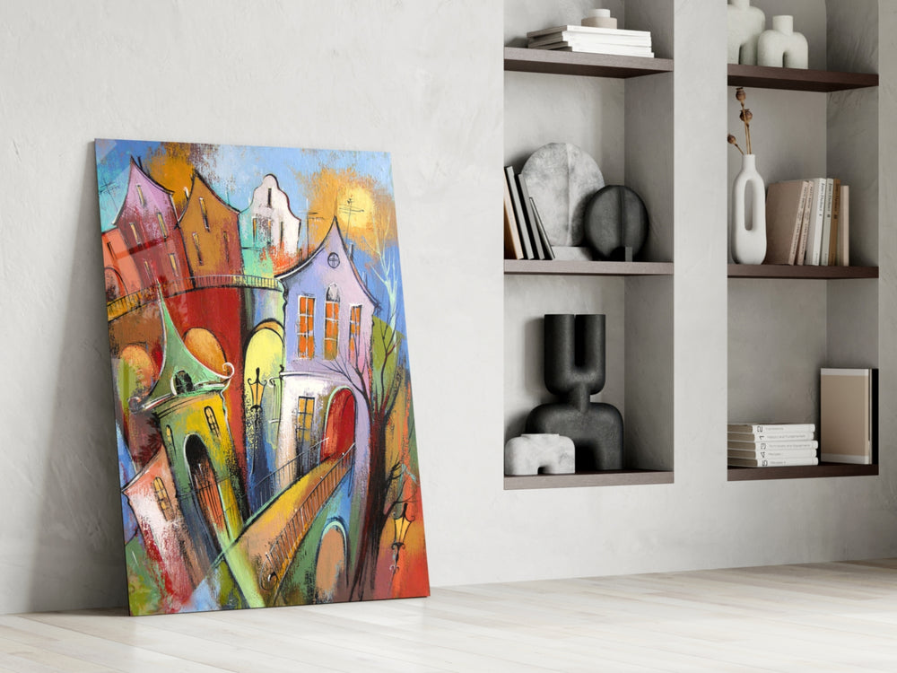 Colorful Houses glass print enhancing a kitchen with cottage spirit