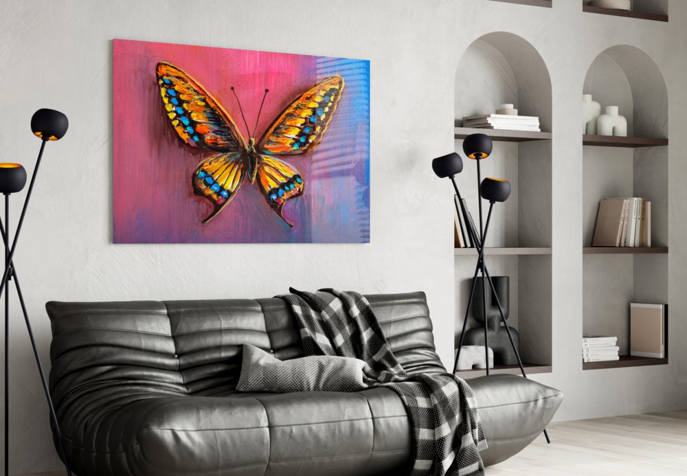 Butterfly glass wall art styled above a desk in a girl's room