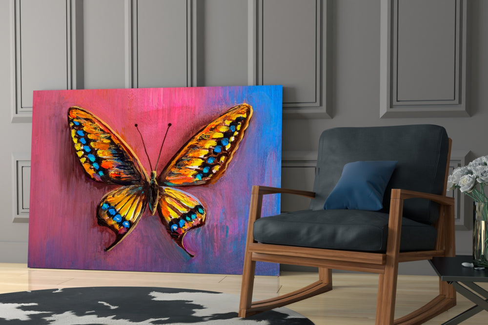 Butterfly glass print enhancing a creative office with editorial spirit