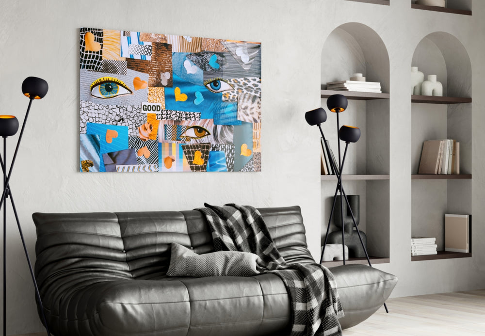 Abstract Confusion glass wall art styled above a desk in a creative office