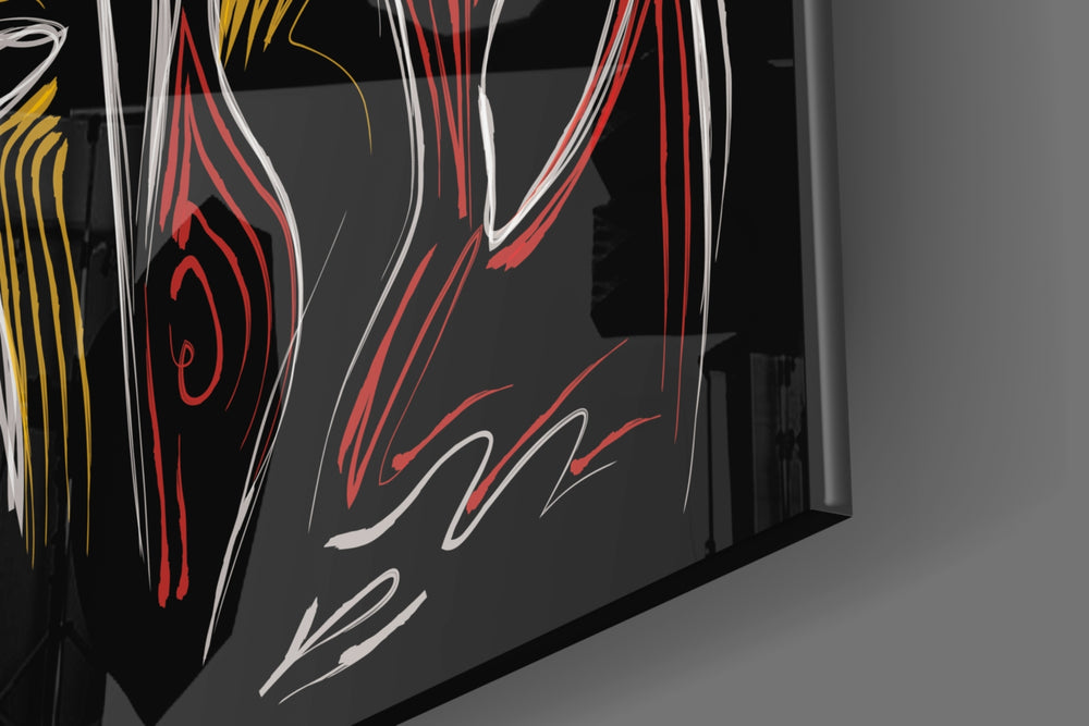 Abstract Faces artwork anchoring a wall with bold expressive palette