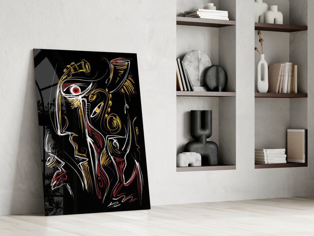 Abstract Faces glass print enhancing an art studio with rebel spirit