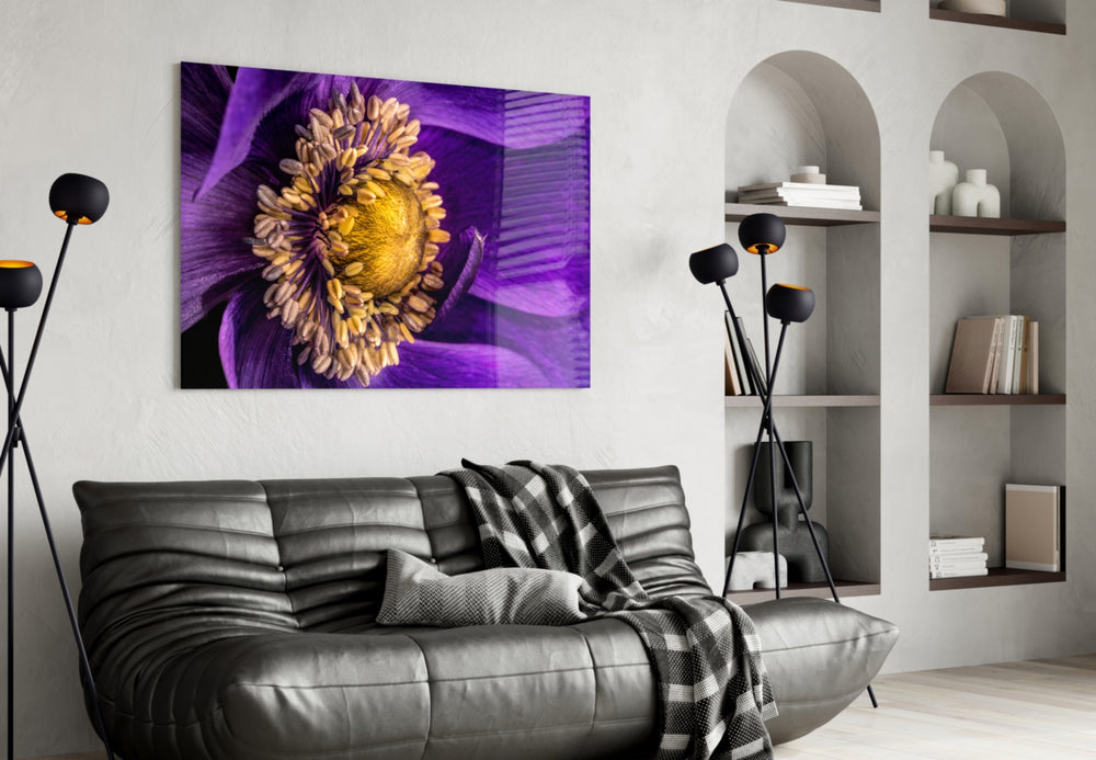 Yellow Flower glass wall art styled above a vanity in a powder room