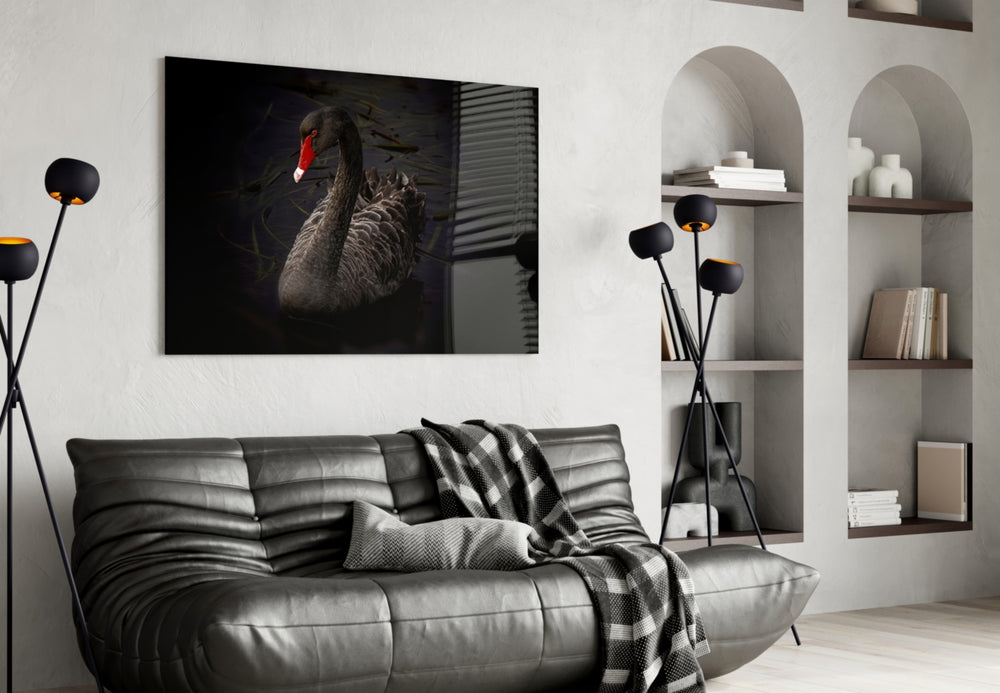 Black Swan glass wall art styled above a vanity in a powder room